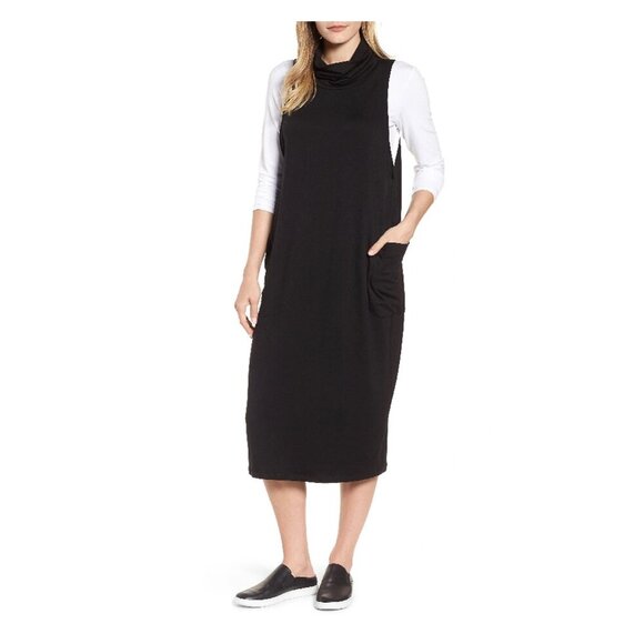 Eileen Fisher Dresses & Skirts - EILEEN FISHER Black Cowl Neck Sleeveless Knit Midi Dress Pockets